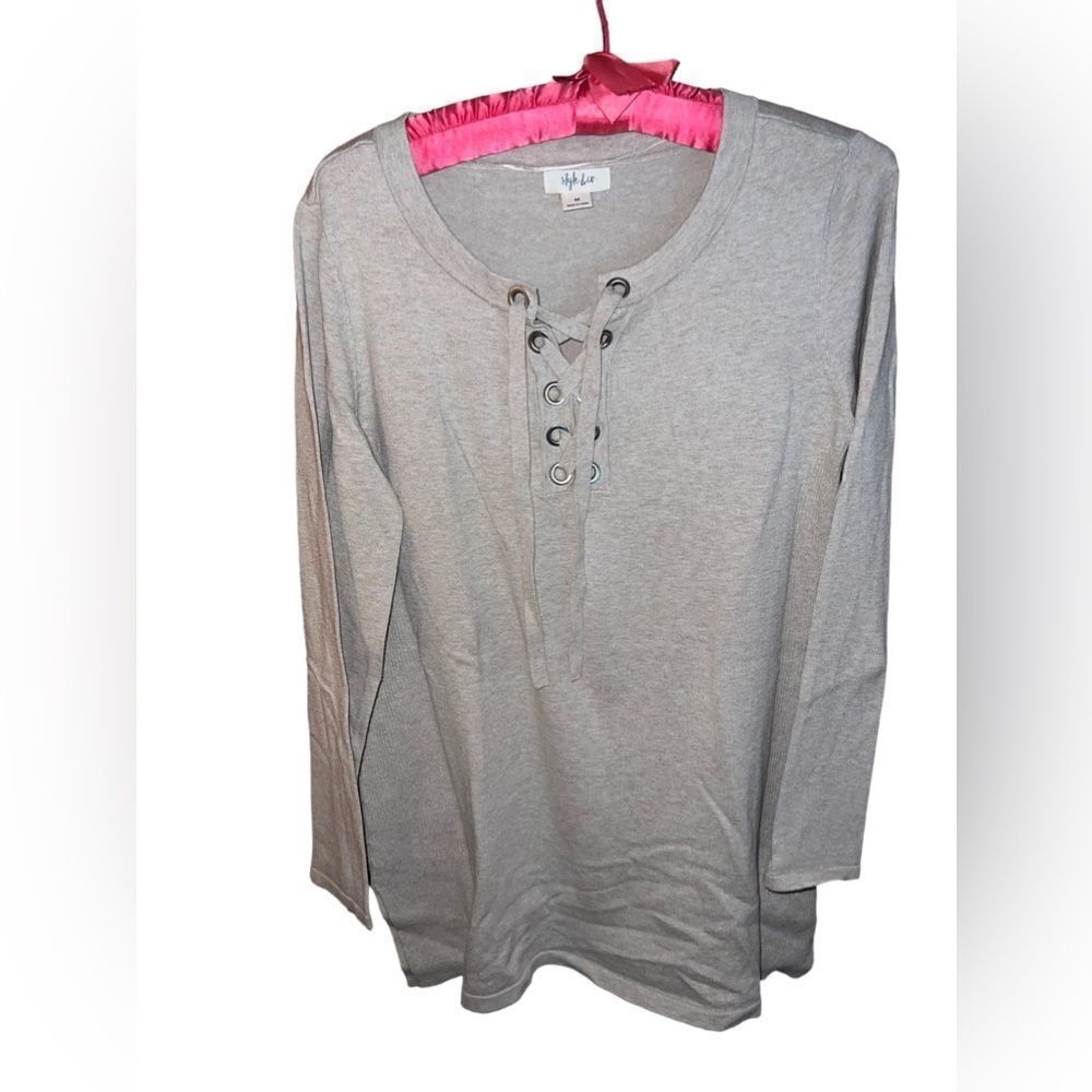Style & Co. oatmeal long sleeved tie front tunic sweater medium